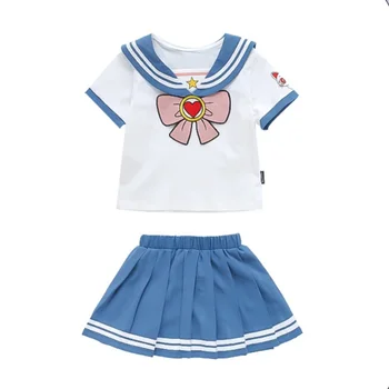 Baby Girls Clothes Set Summer Sailor Suit Kid's Pleated Skirt JK Uniform Toddler Girl Bownot Top & Striped Skirt Preepy Style 2