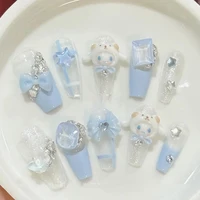 10Pcs Hot Sale Kawaii Sanrio Hello Kitty Kuromi Fake Nail Art Handmade 3D Bowknot Rhinestone Removable Nail Art Girls Gift 2
