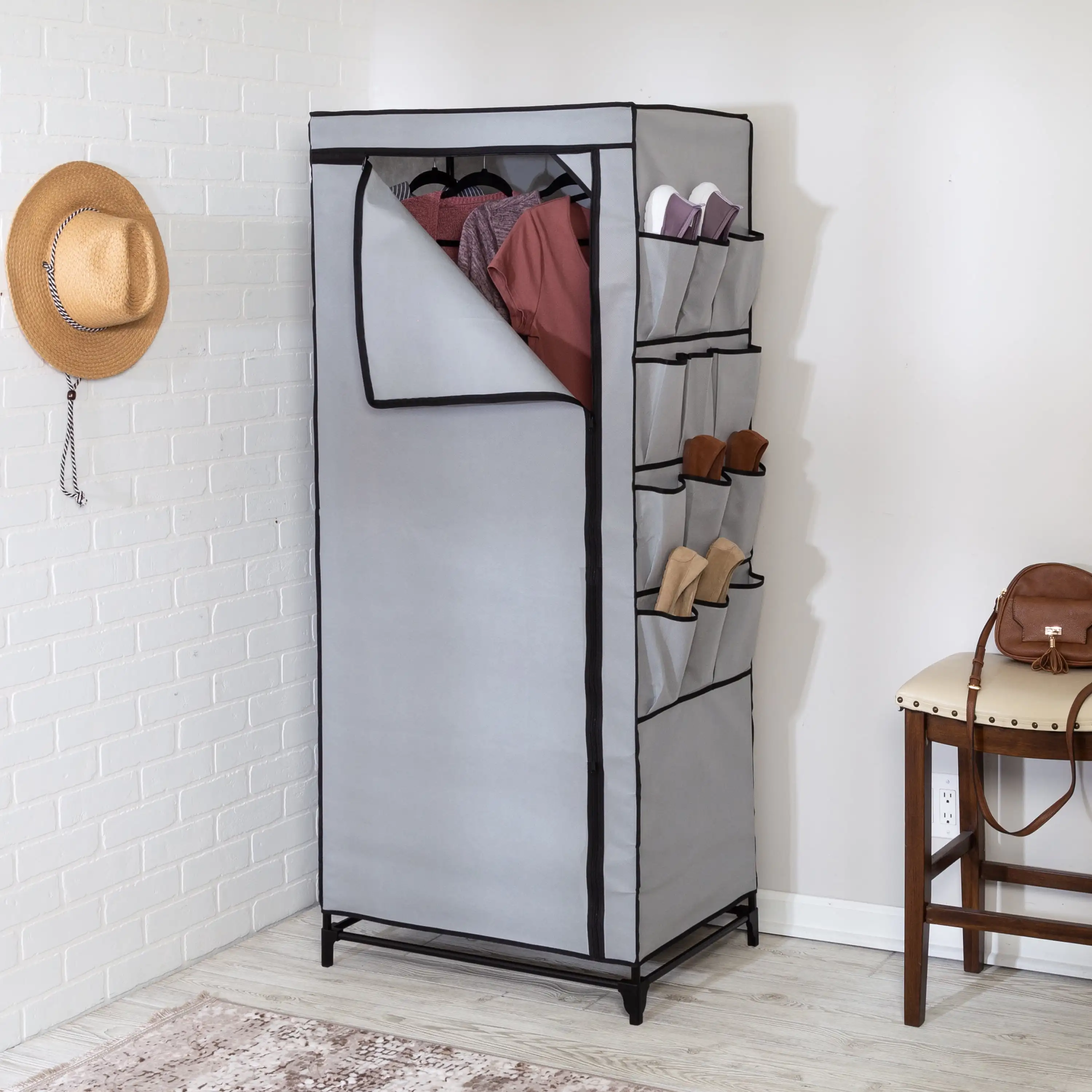 

Steel and Non-Woven Portable Closet with Cover and 12 Side Pockets, Gray/Black