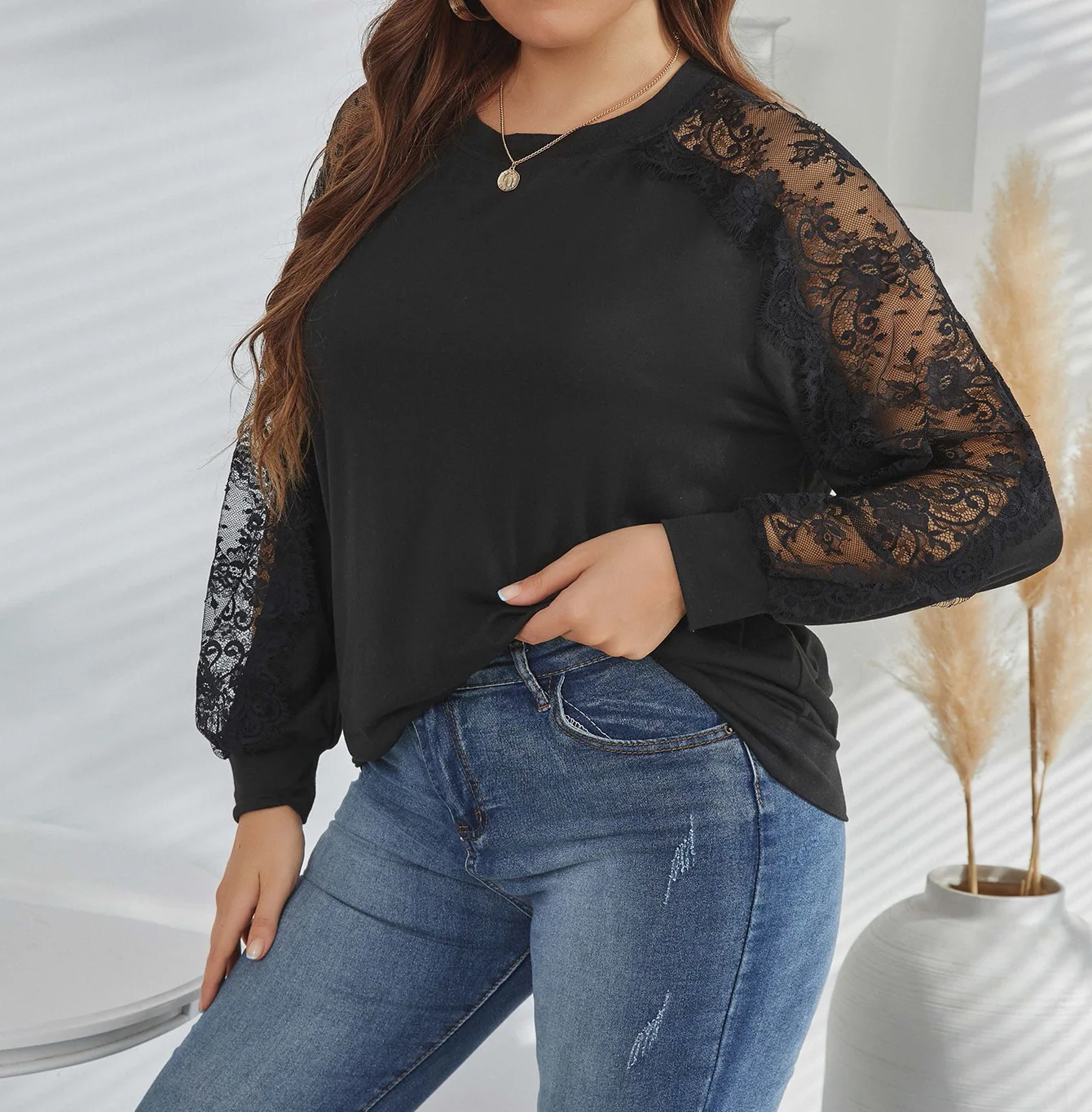 

Summer tunic solid color large size lace tunic Plus size women's clothing
