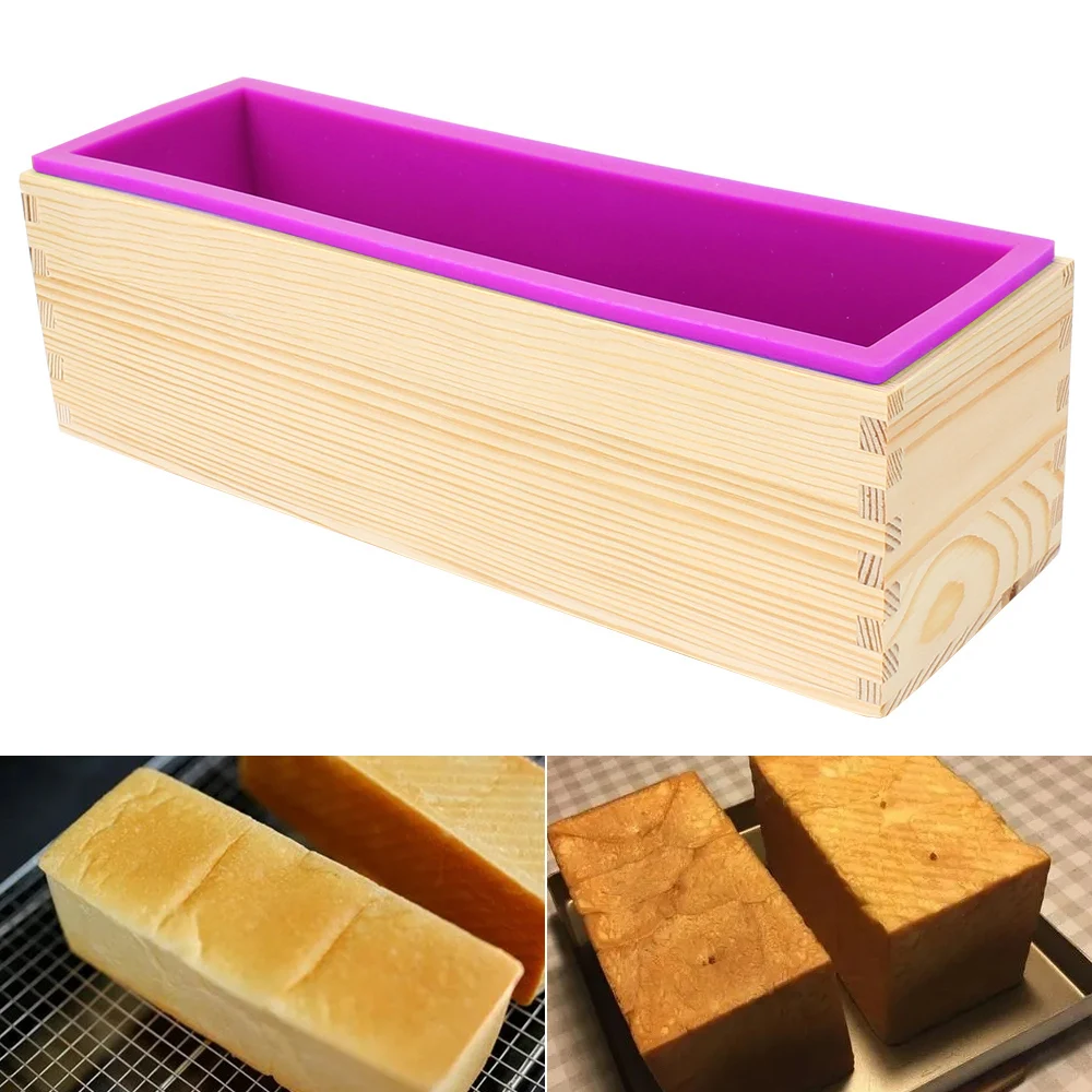 Toast Cake Loaf Mold with Wooden Box Rectangular Baking Kitchen Tools Silicone Soap Mold DIY Handmade Tool