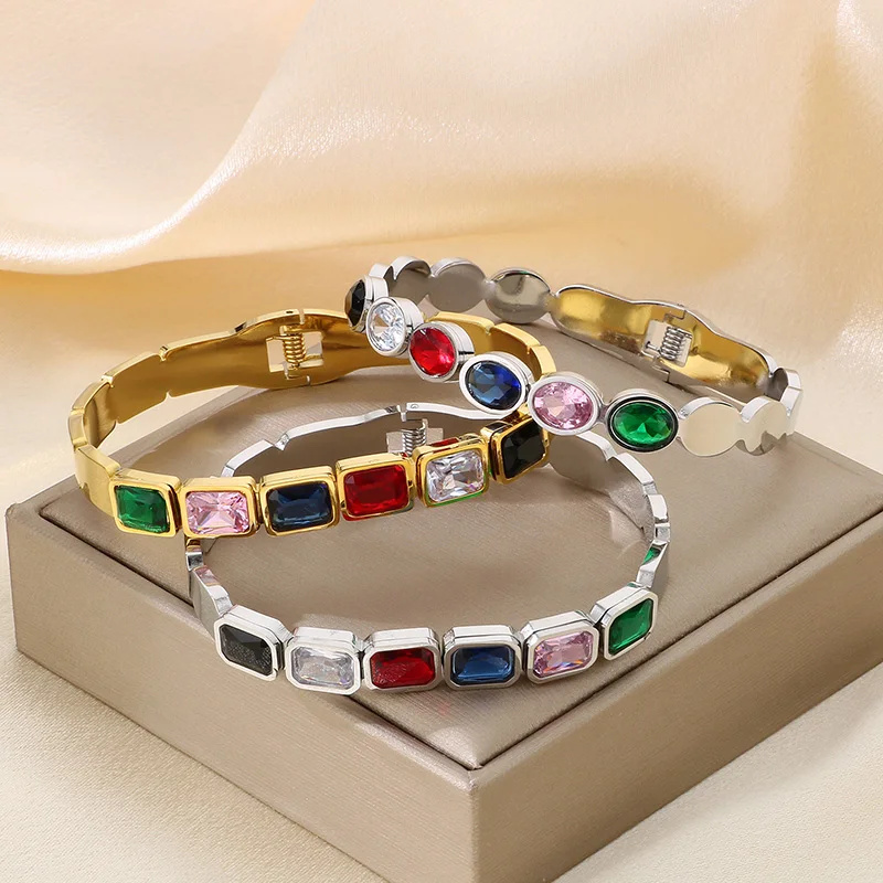 Stainless Steel Cuff Bracelets For Women Multiple Color Ellipses Square Crystal Glass Dubai Women Wedding Bangle Jewelry 3