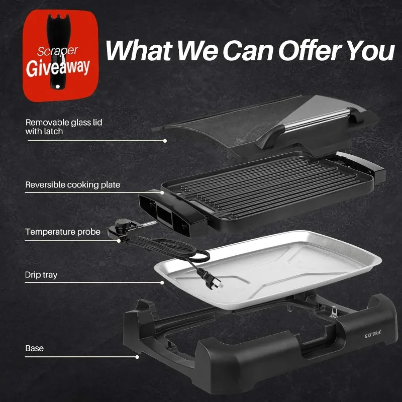 Smokeless Indoor Grill 1800-Watt Electric Griddle with Reversible 2 in 1 Grill and Griddle Plates Plate, Glass Lid. 4