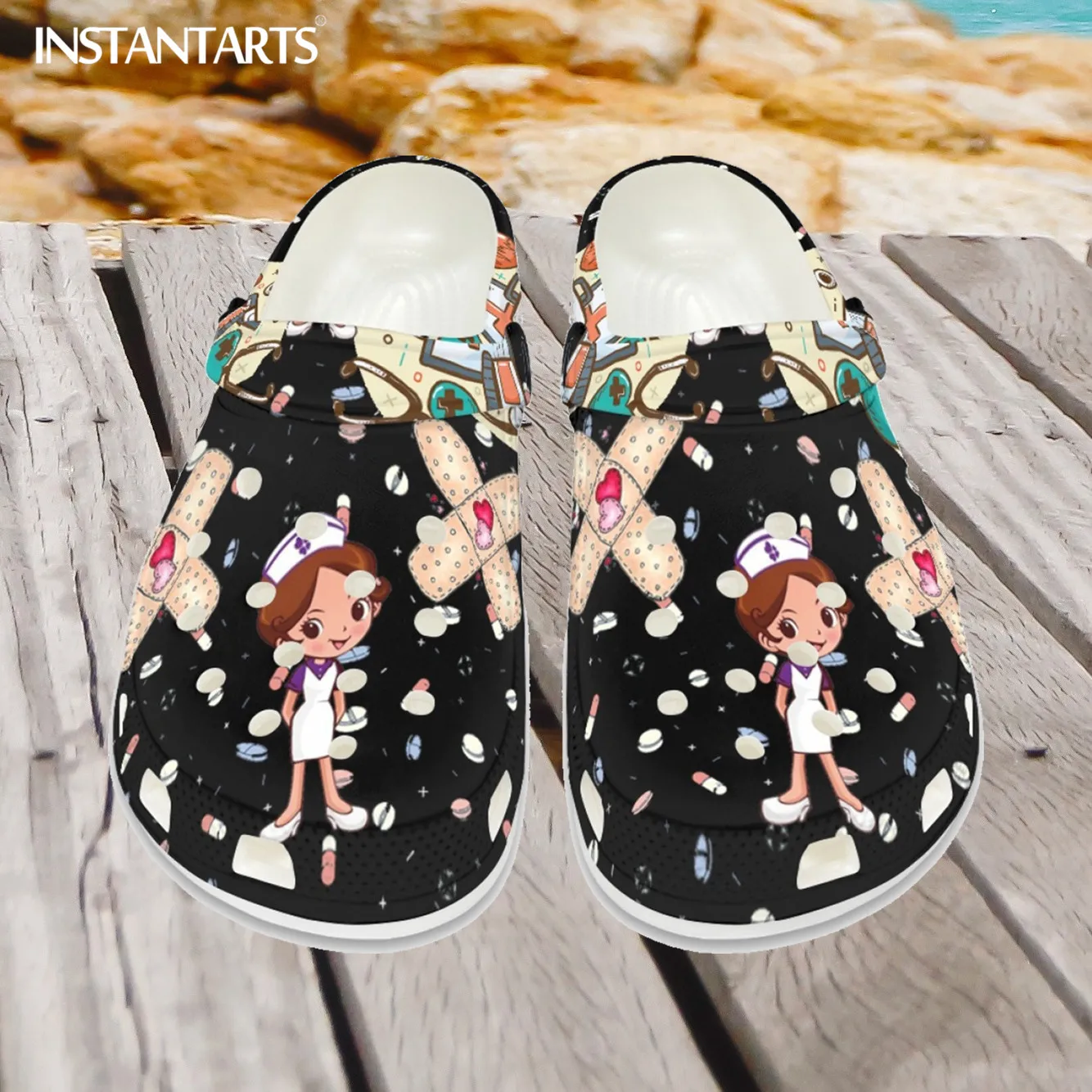 

INSTANTARTS Hospital Worker Nurse Shoes Women Lightweight Clogs Hole Shoes Cartoon Nurse Doctor Medical Print Nursing Slippers