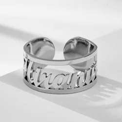 Teamer Stainless Steel Customized Name Rings for Women Men Personalized Wide Hollow Letter Ring Adjustable Wedding Lover Jewelry