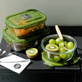 Rectangular Transparent Glass Lunch Box with Lid Microwave-safe 400℃ Heat-resistant Sealed Snack Food Box Fruit Round Bento Box