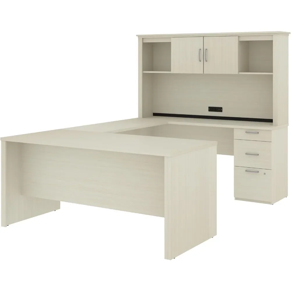 L-Shaped Executive Office Desk with Pedestal and Hutch，Desk with 3 Storage Cabinets， Executive Office Desk 6