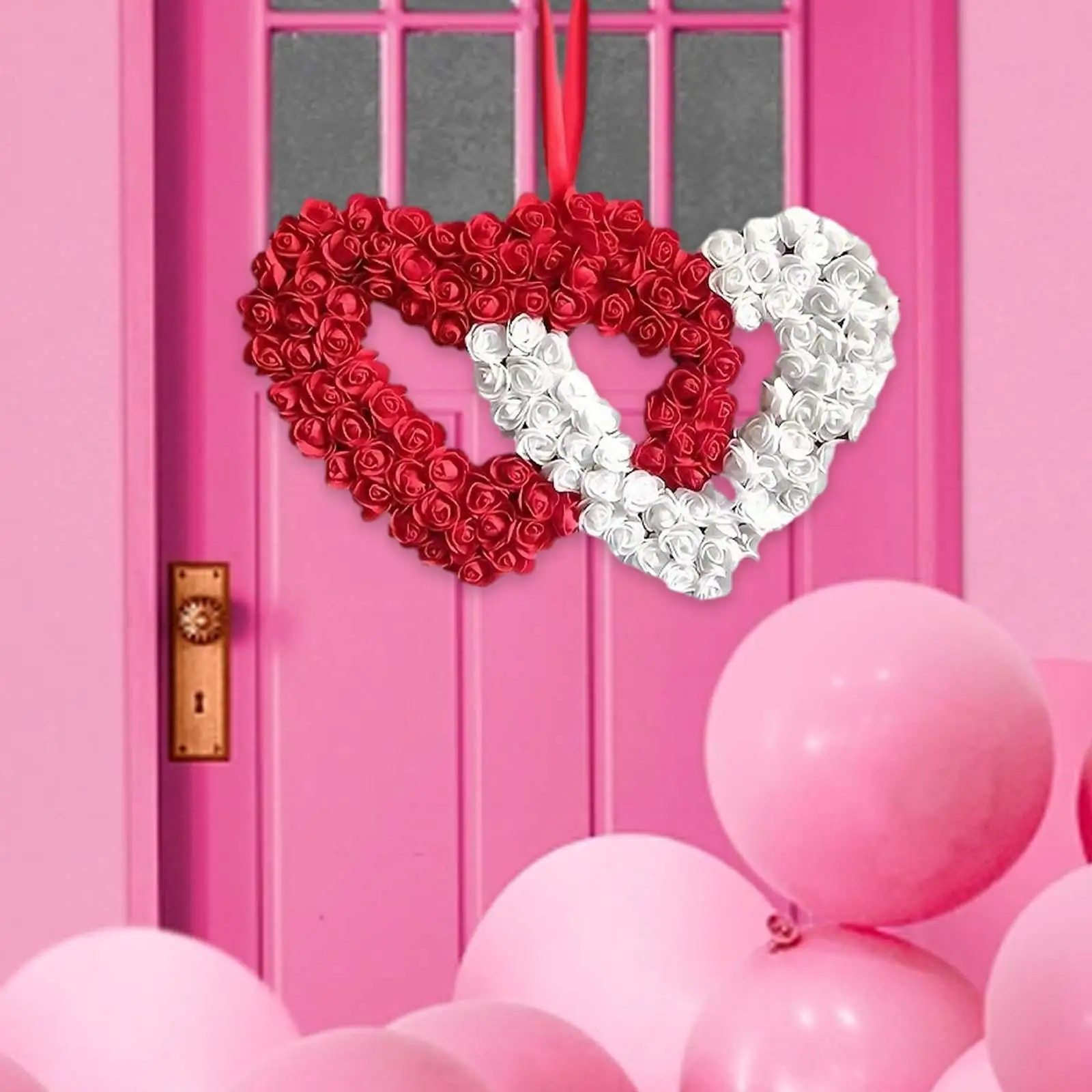 Valentine`s Day Wreath Dual Heart Shaped Love Decorative Valentine`s Day Decorations for Outdoor Wedding Window Door Anniversary