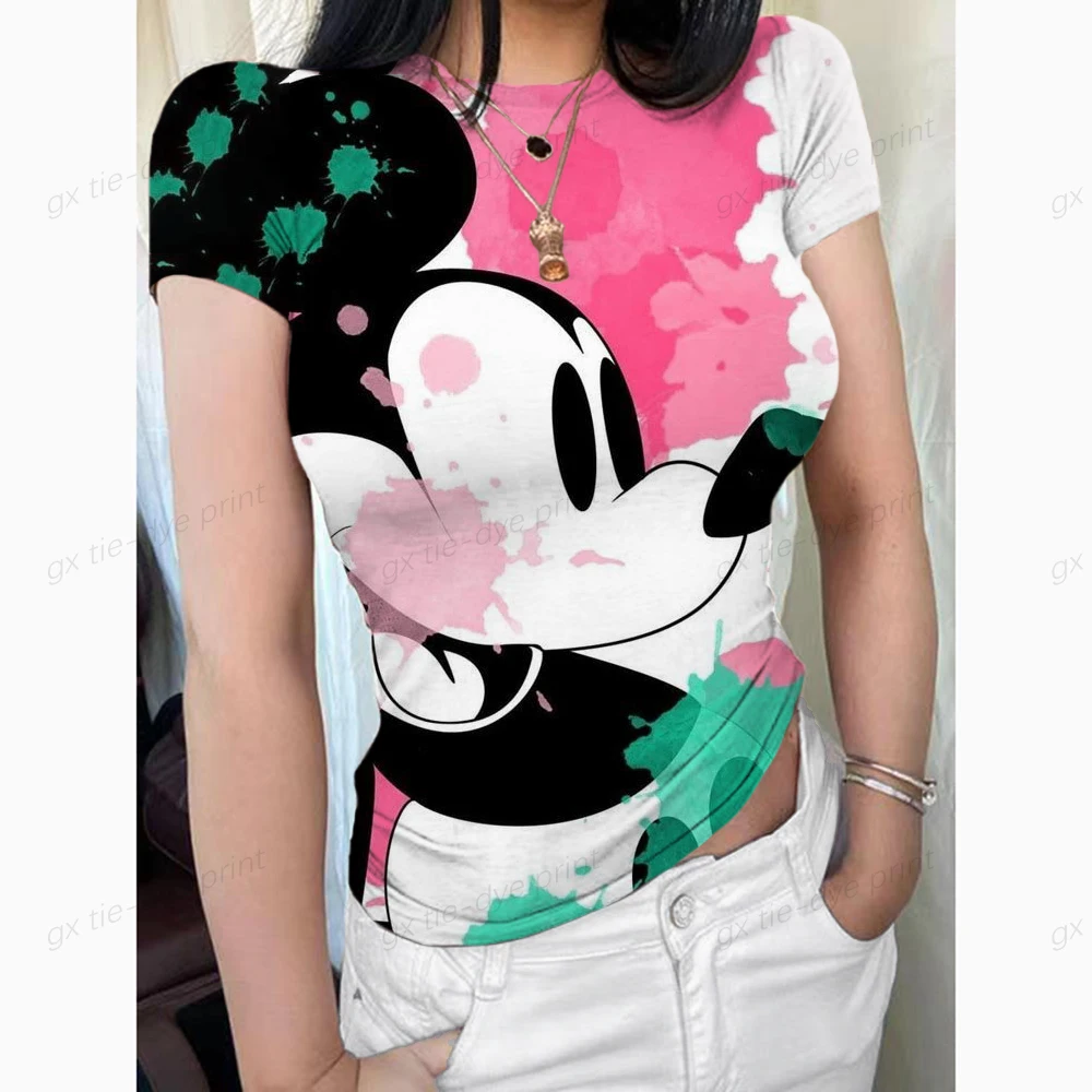 

Disney Mickey Printed Fashion Women's T-shirt Short Sleeve Round Neck Slim Fit Women's Tight Top Daily Street Summer Camo