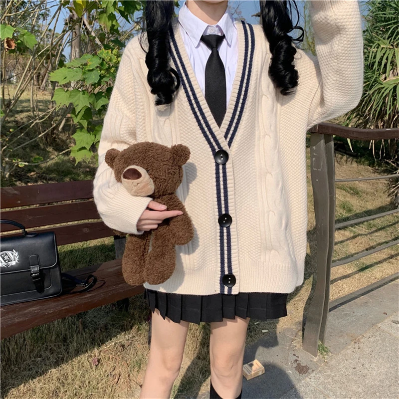 Japanese Student Girl College Style 100% V-neck Knitted Cotton Navy Cardigan Sweater Lazy Style Oversize School Uniform Full Set