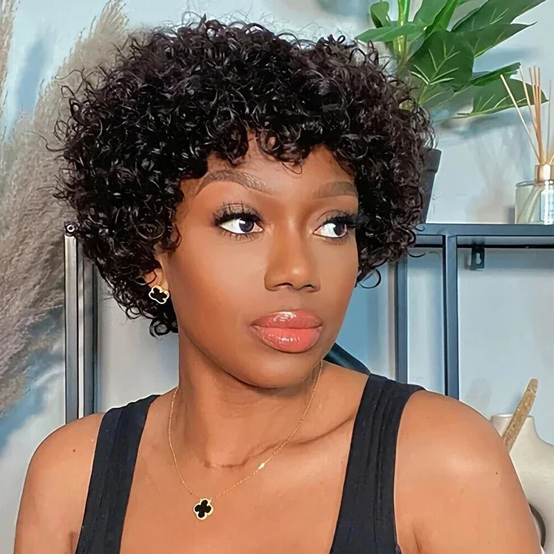 

Short Afro Curly Bob Human Hair Wigs With Bangs For Women Brazilian Remy Hair Wear and Go Natural Brown Kinky Curly Wigs Rebecca