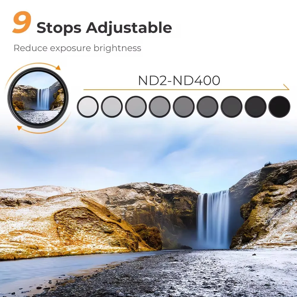 Filtre ND variable ND2-ND400 pour objectif, posé sur fond blanc, reflet neutre.