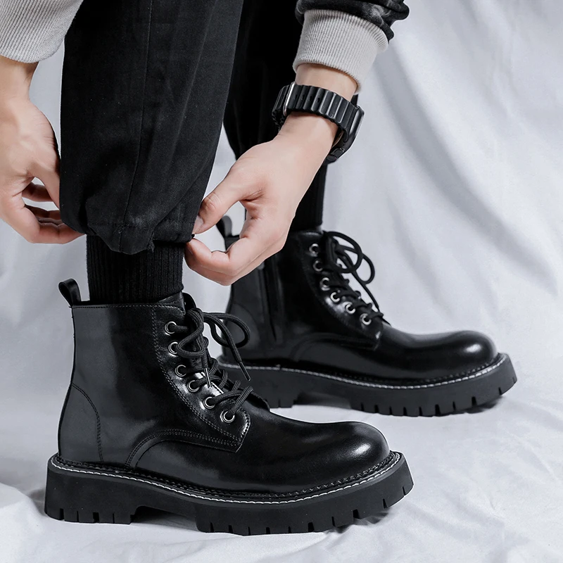 Four seasons models of men's shoes British style wear-resistant height increase thick bottom in the help of Martin boots
