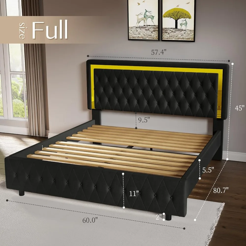 Bed Frame with LED Lights Headboard&Footboard, Velvet Upholstered Full Size Platform Bed Frame No Box Spring Need 2