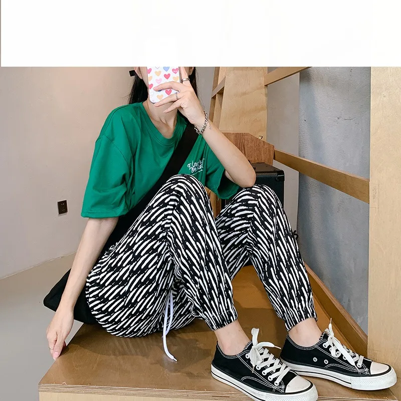 Women's Spring Autumn Elastic High Waisted Printed Geometric Pattern Stripes Casual Loose Harlan Lantern Trousers Fashion Pants