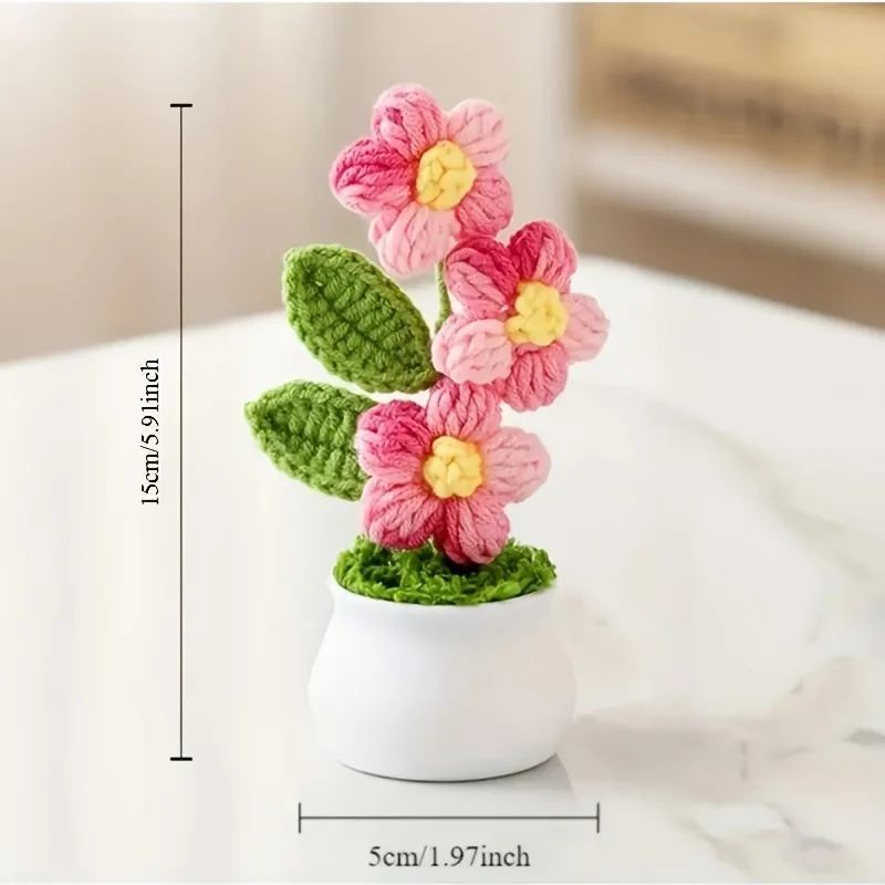 DIY Handwoven Mini Potted Flower Rose Office Desktop Ornamental Potted Plants Woolen Thread Finished Product Home Decoration