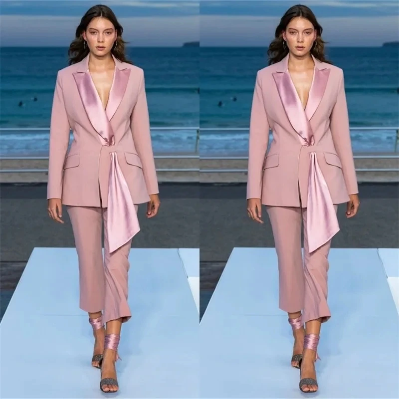 Elegant Pink Women Suits 2 Piecces Formal One Button Blazer Pants Satin Peaked Lapel Plus Size Tailored Mother Of The Bride