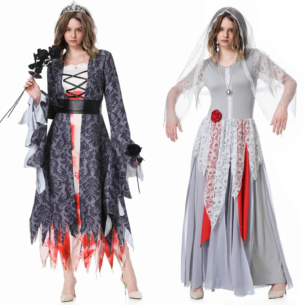 

Halloween Women's Ghost Bride Cosplay Costume Horror Blood Zombie Lace Irregular Long Dress Carnival Purim Party Fancy Outfit