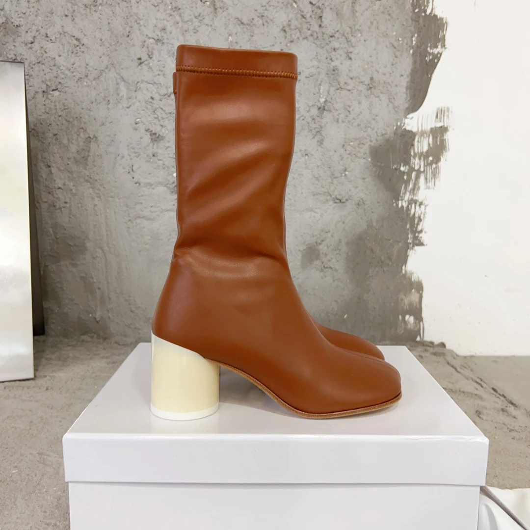 

Women Leather Mid Calf Boots Round Toe Thick High Heels Ladies Fashion Shoes Autumn Winter Zipper Soft Long Boots 2023