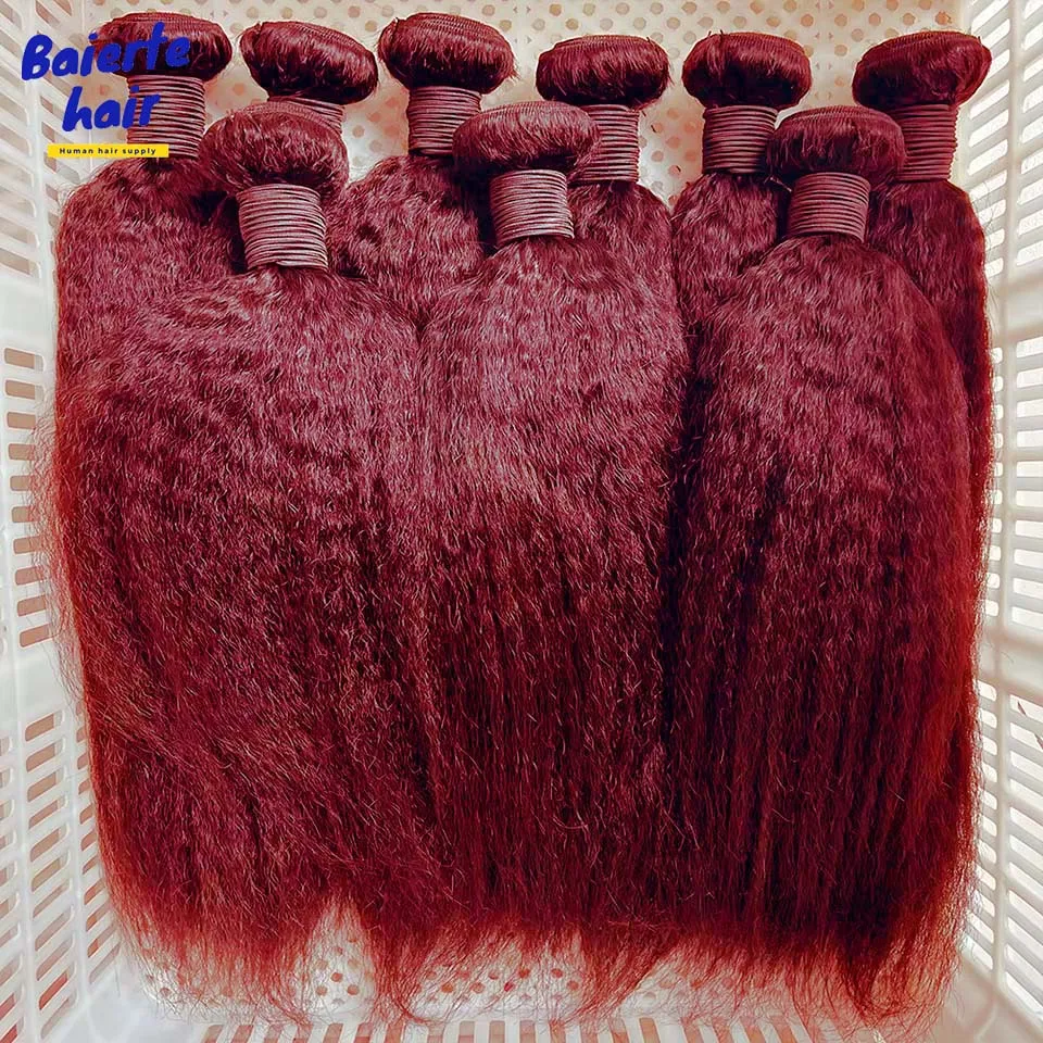 99J Burgundy Kinky Straight Human Hair Bundles Brazilian Virgin Hair Extension Weave Human Hair Wine Red Bundles 1/3/4 Bundles 2