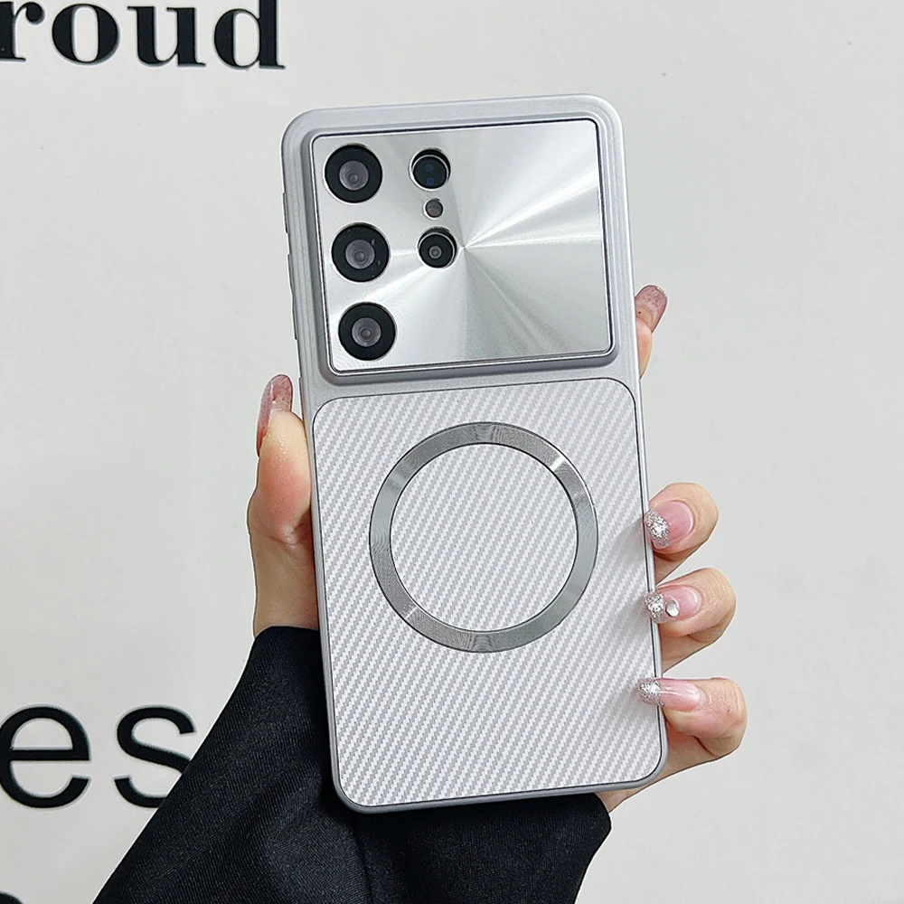 Deluxe Carbon Fiber Magnetic Phone Case with Aurora Lens and Camera Protection - Shockproof Design