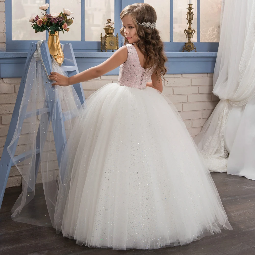 

Puffy Glitter Pink Flower Girl Dresses Sleeveless Princess Dress Girl Wedding Party Dress First Communion Gown Girl's Gown