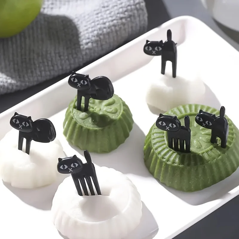 6 Stück/Set Schwarze Katzen-Fruchtgabeln, Mini-Cartoon-Snack-Kuchen-Dessert-Gabeln, Bento-Lunch-Zubehör, Küchenutensilien für – Detail 6