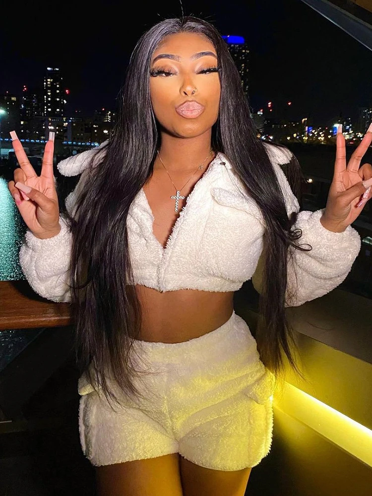 

Two Piece Set Women Furry Outfits Sexy Lapel V Neck Long Sleeve Cropped Coat+High Waist Shorts 2022 Fall Winter Fairy Clothes