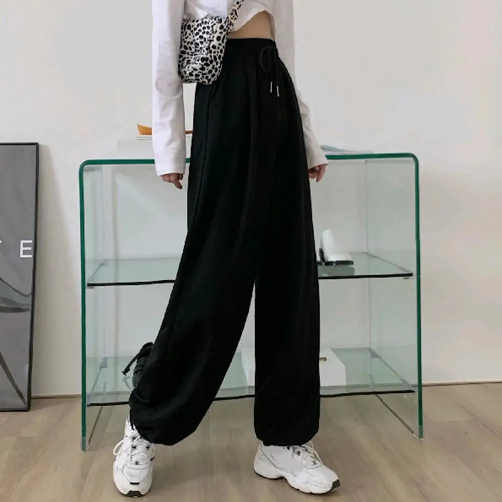 Trendy Women Sports Trousers Elastic Waist Skin-touch Pure Color Ankle Tied Sweatpants Temperament Women Pants Clothes