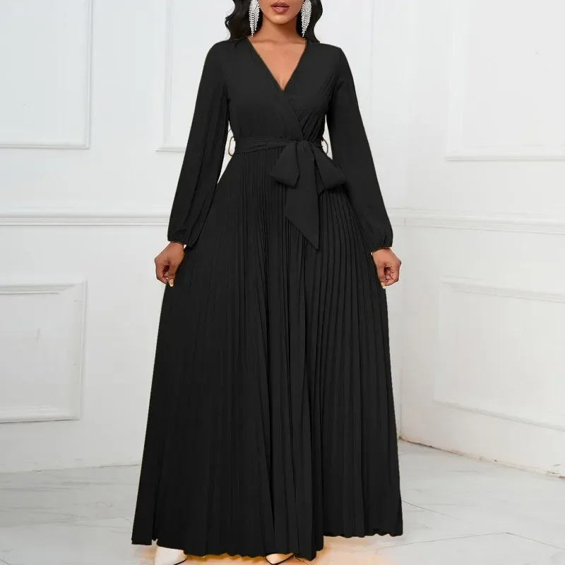 

Женское Плиссированное Платье макси с запахом, длинное винтажное платье с V-образным вырезом и широким поясом, осень 2023