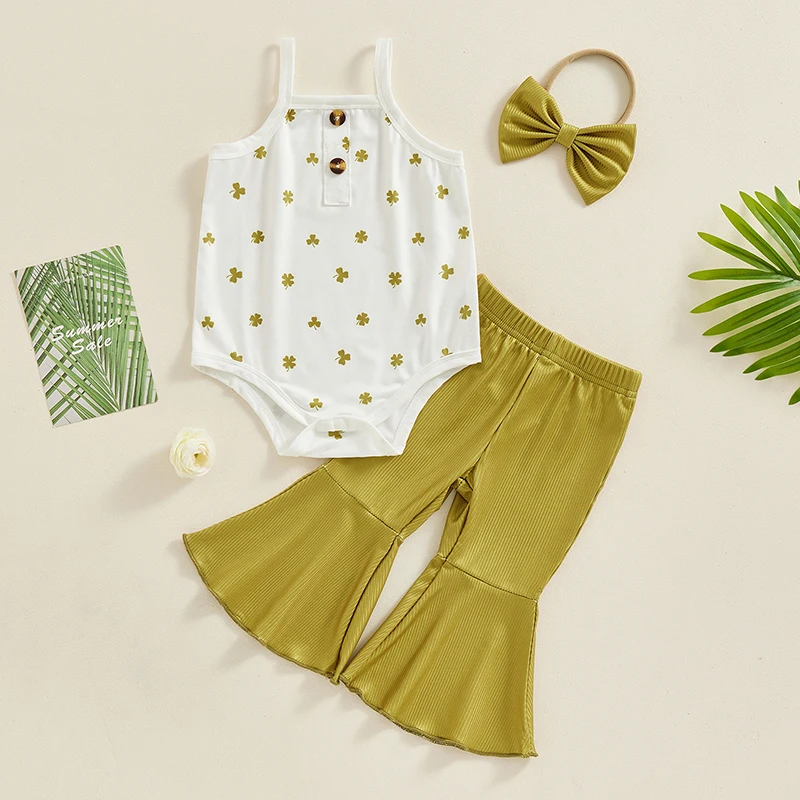 

St Patrick s Day Baby Girl Outfit Infant Clover Print Cami Romper Top Flare Pants Newborn Summer Shamrock Clothes