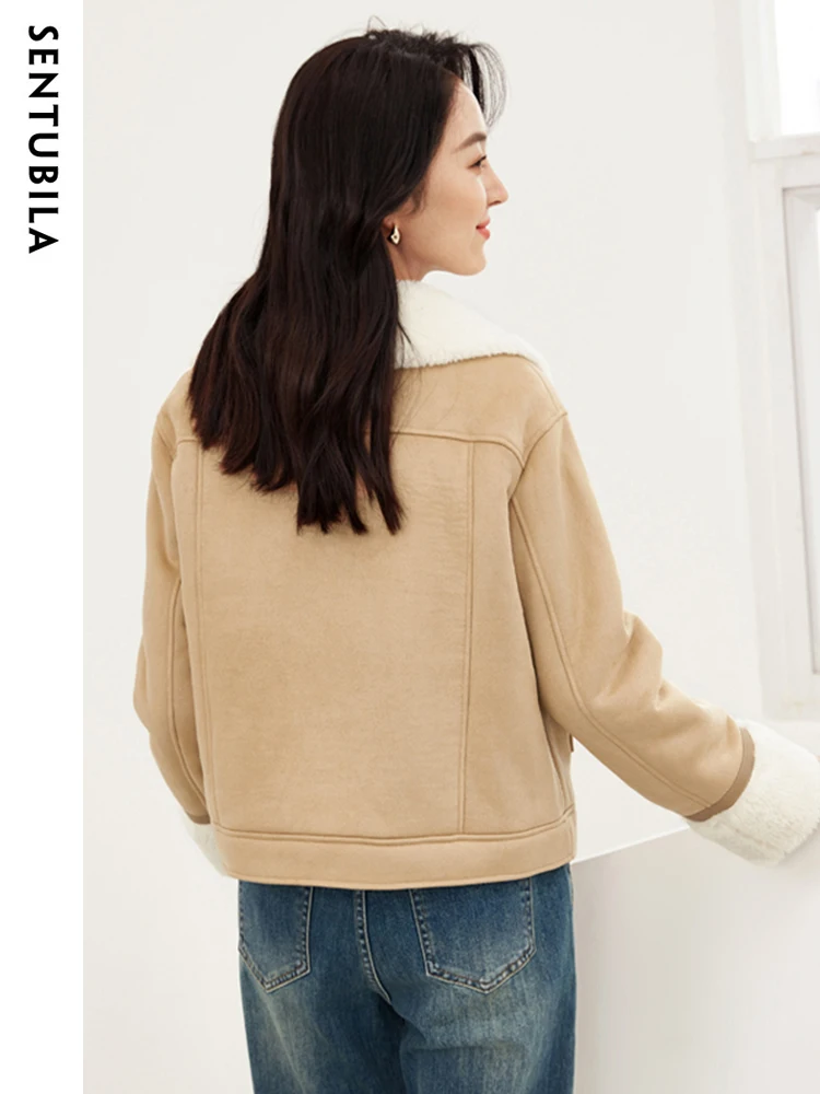 SENTUBILA Winter Single Breasted Faux Fur Coat Women Lapel Cropped Jackets Ladies Streetwear Warm New Outerwear Female W34P50142