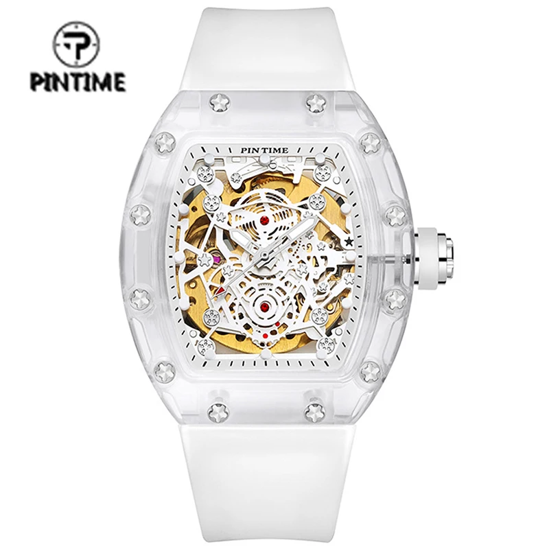 PINTIME Men Watch New Fashion Automatic Mechanical Watch Transparent White Hollow Large Dial Sport Luminous Wristwatch Relo Homb