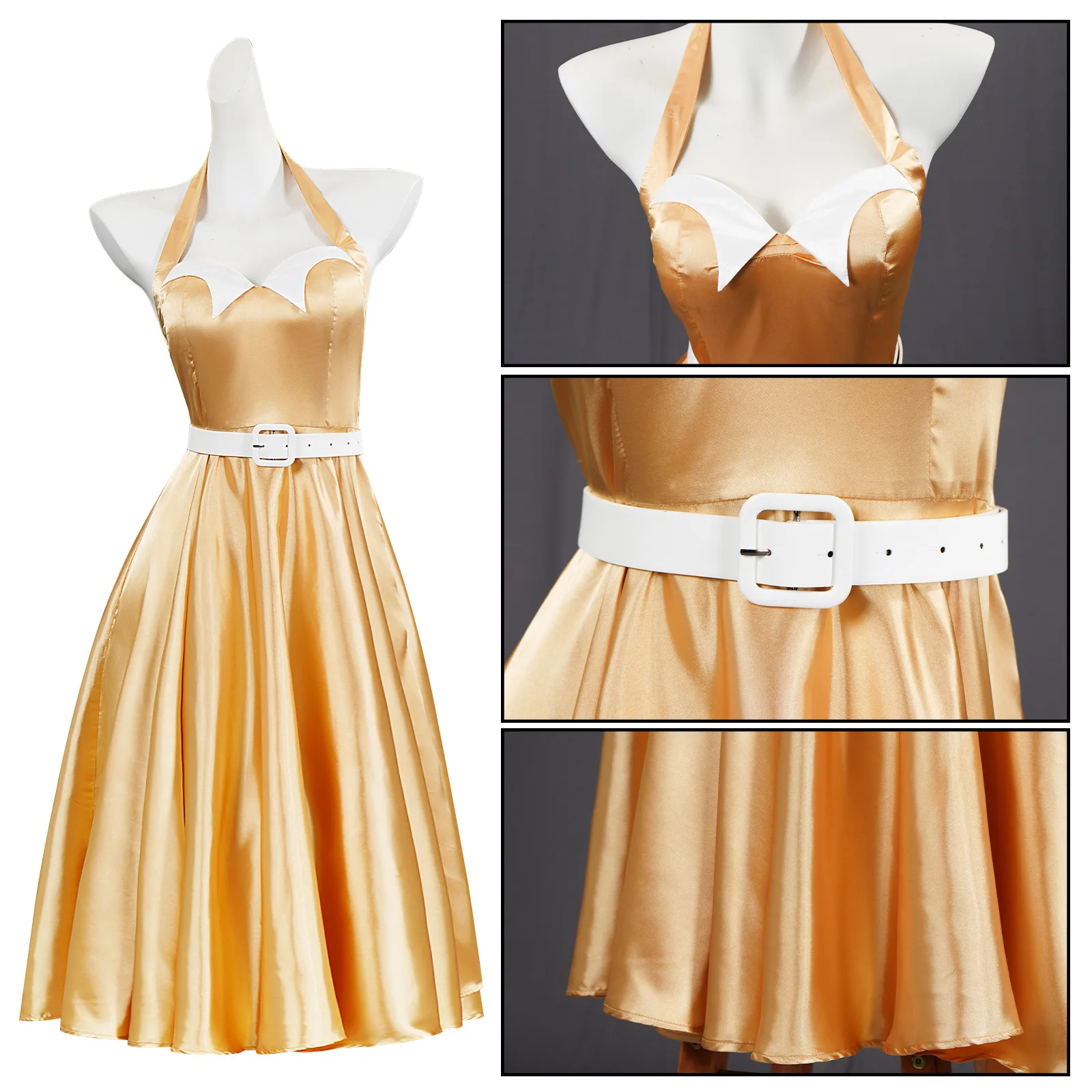 Vintage Yellow Satin Halter Neck Ball Gown Costume for Women (Unofficial)