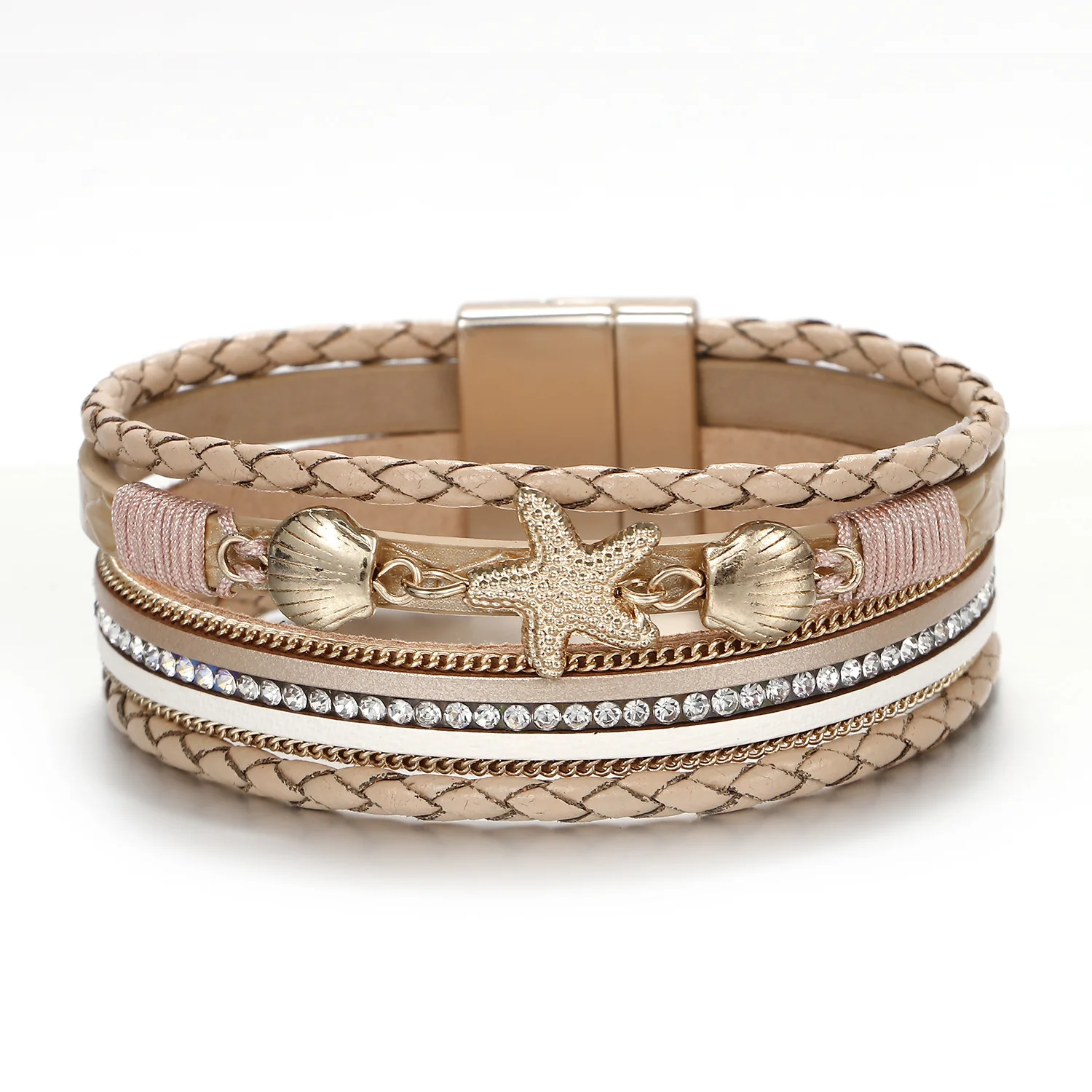Leather Bracelet With Rhinestones Magnetic Buckle