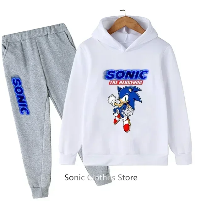 thumbnail image 1 of Conjunto de ropa informal para niños y niñas con capucha de Sonic, 2 piezas, primavera y otoño, chándal con capucha y pantalones de dibujos animados para niñas, 1 of 5
