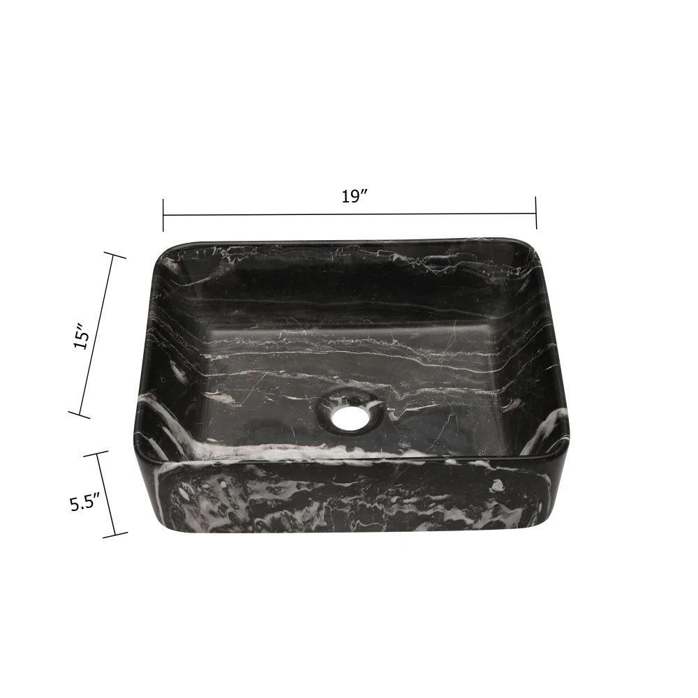 19"x15" Black and Gray Marble Pattern Ceramic Rectangular Vessel Bathroom Sink 2