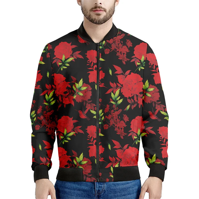 thumbnail image 1 of Chaqueta con cremallera y estampado de flores de rosas para hombre, con plantas 3D, mangas largas, para primavera y otoño, chaquetas de gran tamaño, abrigos, ropa de calle, 1 of 5