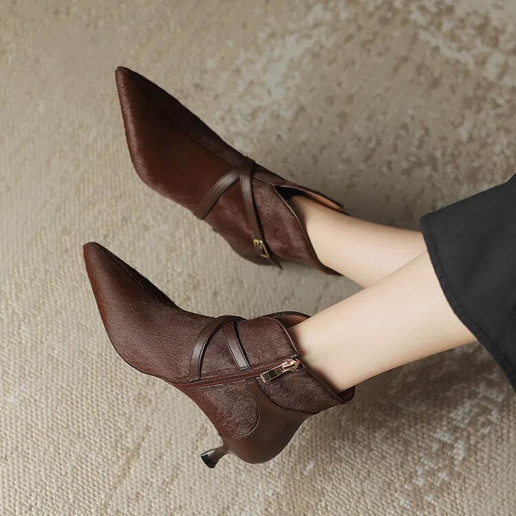 Winter Horsehair Women Boots Pointed Toe Short Boots for Women