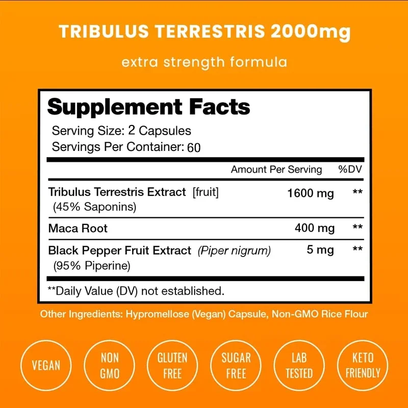 Organic Tribulus Terrestris supplement 2000 Mg with Maca and Black Pepper Extracts dietary capsules