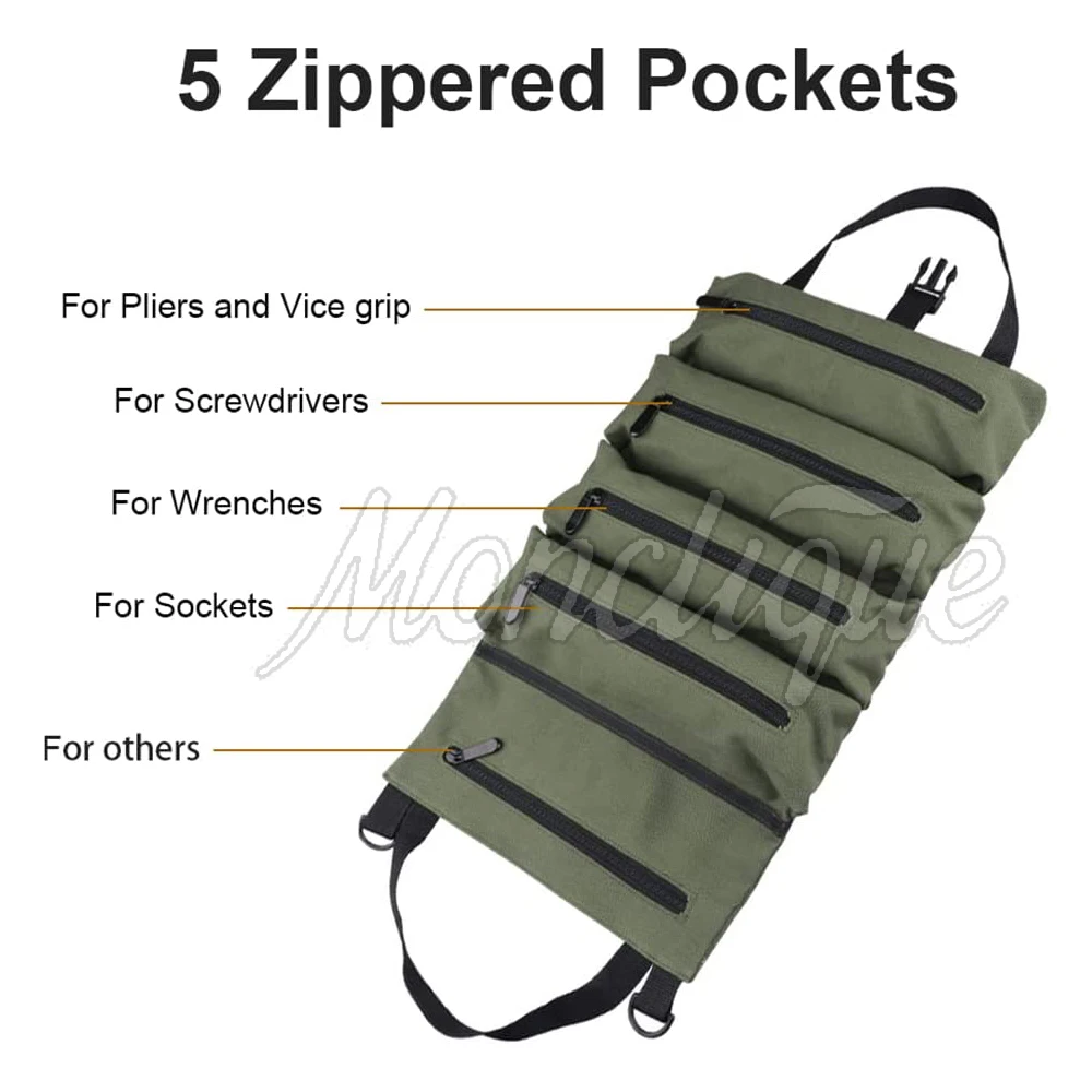 Heavy-Duty Roll-Up Tool Bag - Oxford Fabric Multi-Tool Organizer All-in-One Garage Storage for Mechanics/Electricians/Carpenters