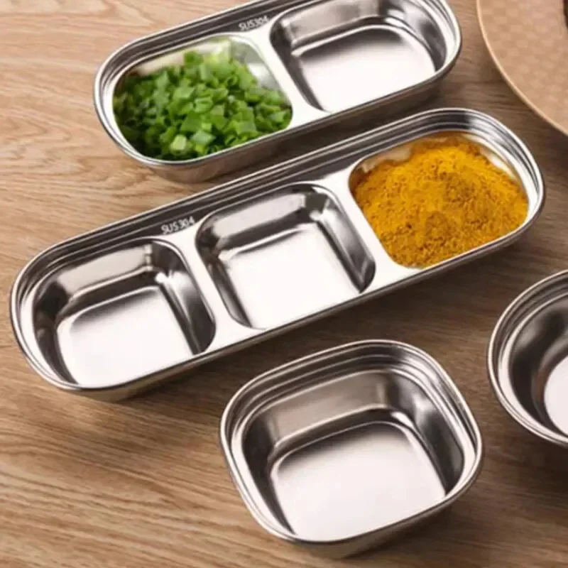 Divided Dip Bowls Stainless Steel 3-compartment Seasoning Sauce Tray BBQ Restaurant Cutlery
