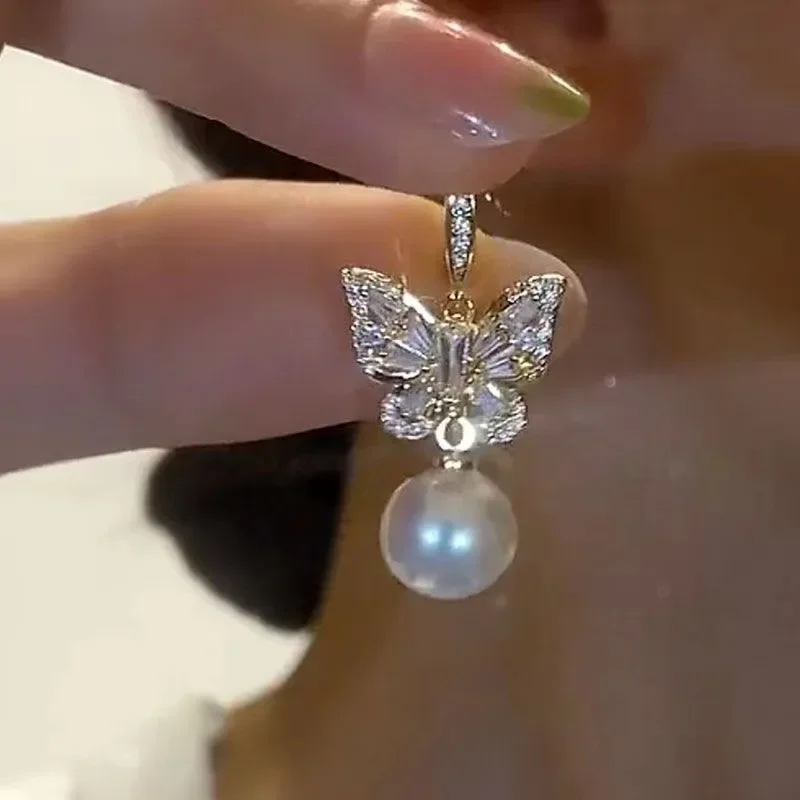 Crystal Butterfly Pearl Pendant Golden Earrings for Women Fashionable Personalized Daily Accessories PartyJewelry Birthday Gifts