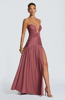 Women Elegant Deep V-neck Pleated Strapless Dress Chic Off-shoulder Backless Split Maxi Dresses 2026 Lady Evening Party Vestidos 1