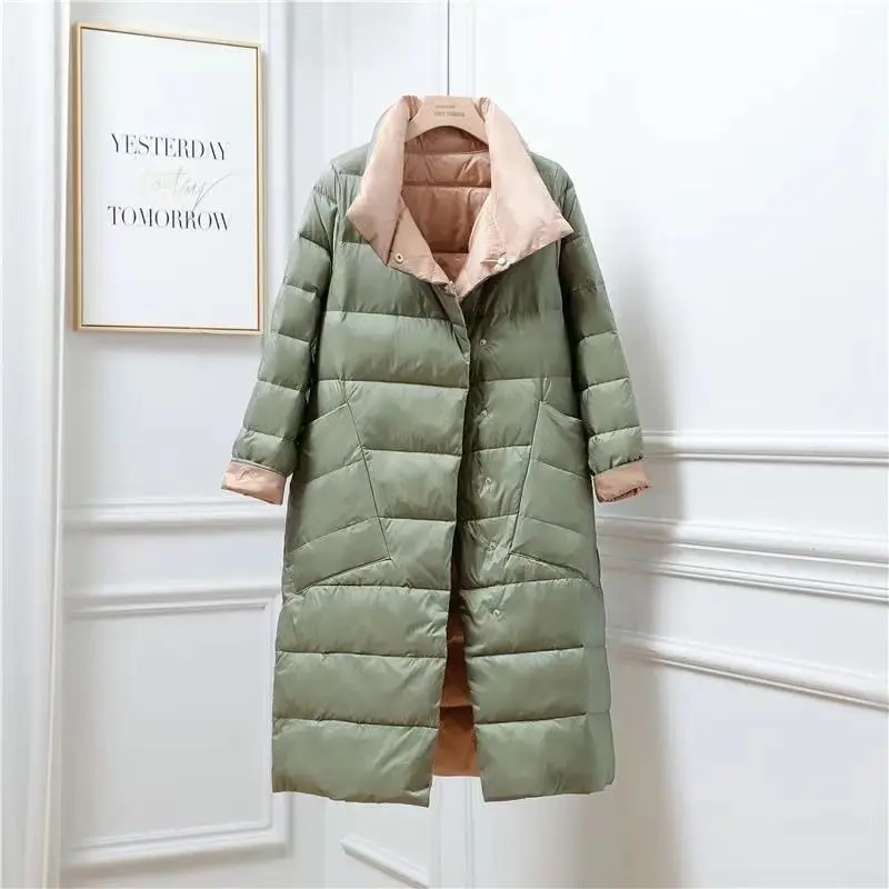 2023 New Women Down Jacket Winter Coat Female Mid-length Below Knees Parkas Thin Two Sided Loose Outwear Slim Simple Overcoat