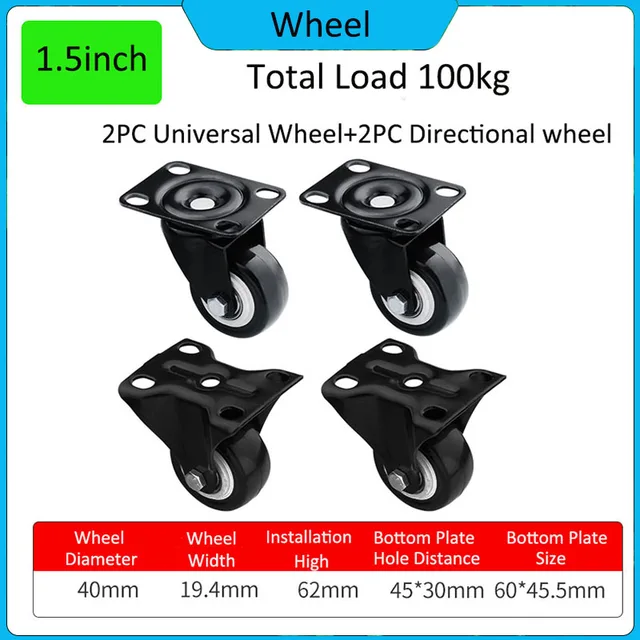 4Pc 1,5 Hüvelykes Univerzális Bútorok Görgők Kerékirányú Fékkerekek Sima 360 Fokos Forgó Néma Hardver Terhelése 100 Kg - Image 3