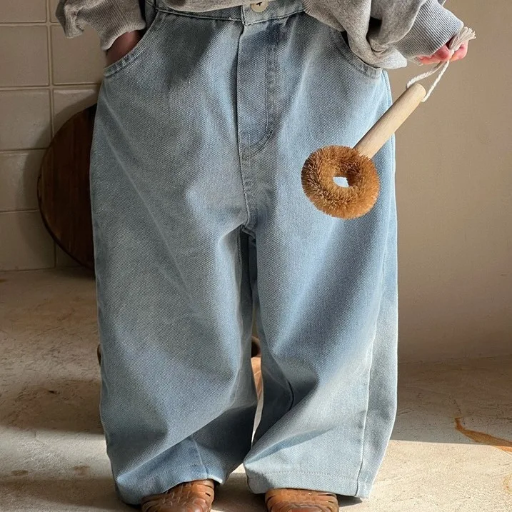

2024 Spring Autumn Korean Kids Girls Straight Leg Jeans Sticky Diamond Loose Children Girls Denim Pants Toddler Girl Pants