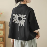High-End Korean Japanese Embroidered Cotton Linen ort Sve irt Summer Wear Artistic Unique Pure Cotton Top