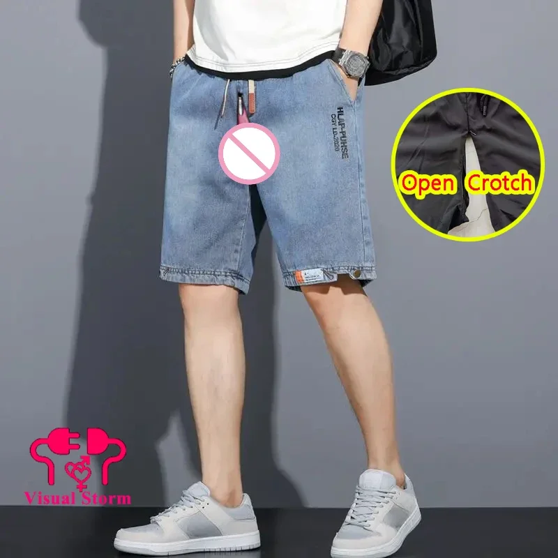 Man Open Crotch Hidden Zipper Pants Sexy Shorts Gay Jeans Knee Length Pocket Crotchess Trousers Short Clubwear Summer Costume