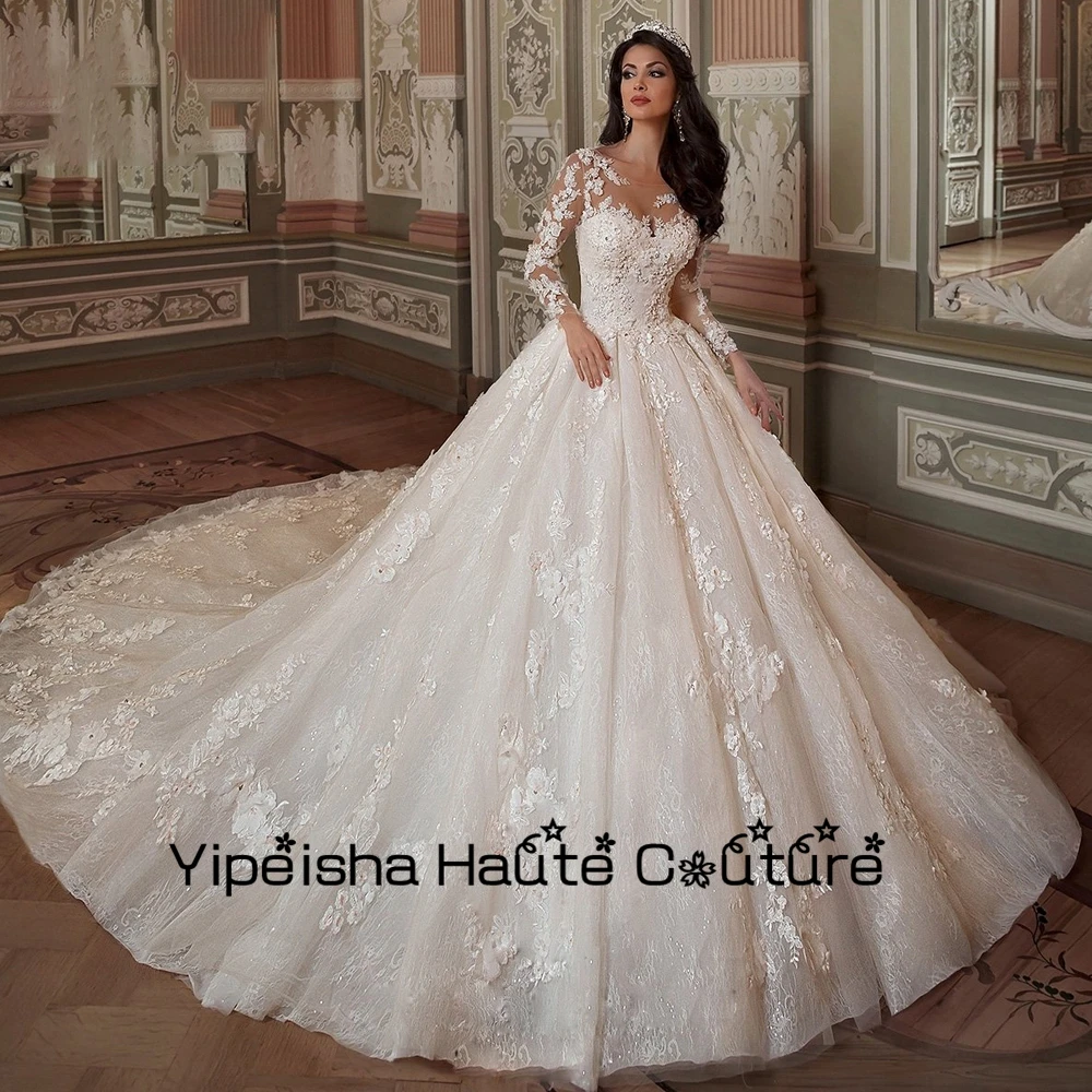 

Yipeisha Strapless Full Sleeve A Line Bridal Gowns Lace Luxury Sweep Train Wedding Dresses for Bride Organza Robe De Mariée 2022